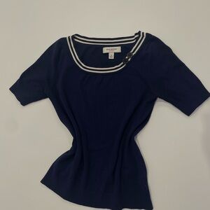 Alfred Dunner Navy Blouse with Striped Neckline